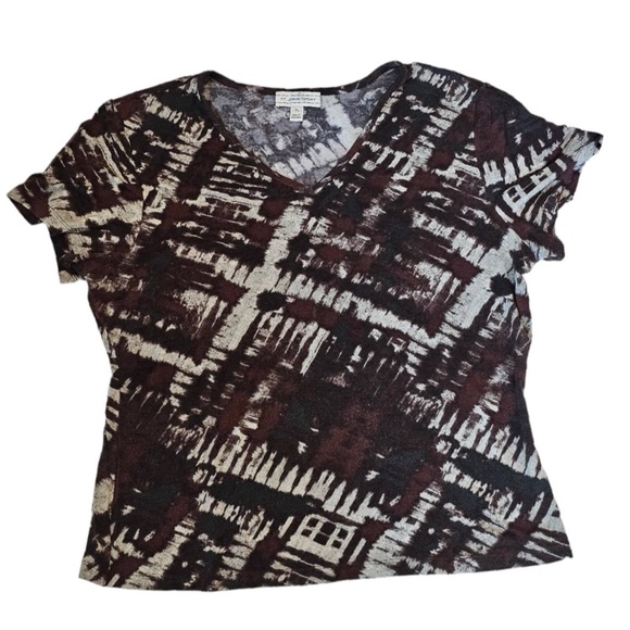 St. John Top Tie Dye V Neck Womens Size XL T-Shirt Short Sleeve Brown Gray - Picture 3 of 6